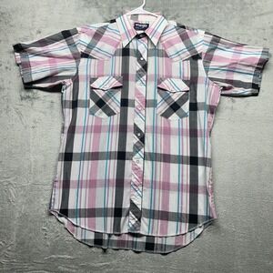 Wrangler Pearl Snap‎ Shirt Mens L Short Sleeve Pink Blue Plaid Western Cotton